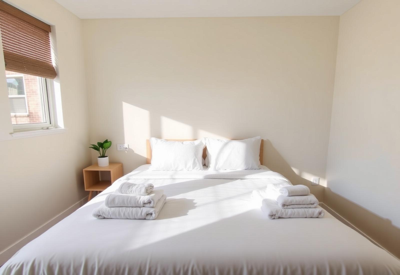 Guest-ready short-term rental bedroom with fresh linens and folded towels